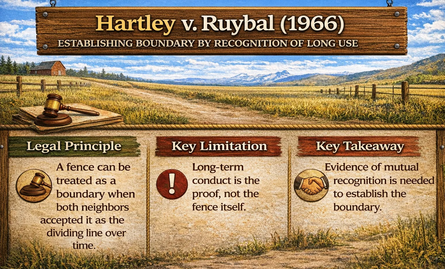 Summary of Hartley v. Ruybal highlighting how long-term land use—not just a fence—can establish a legal boundary, illustrated with rural fencing common across Colorado properties.