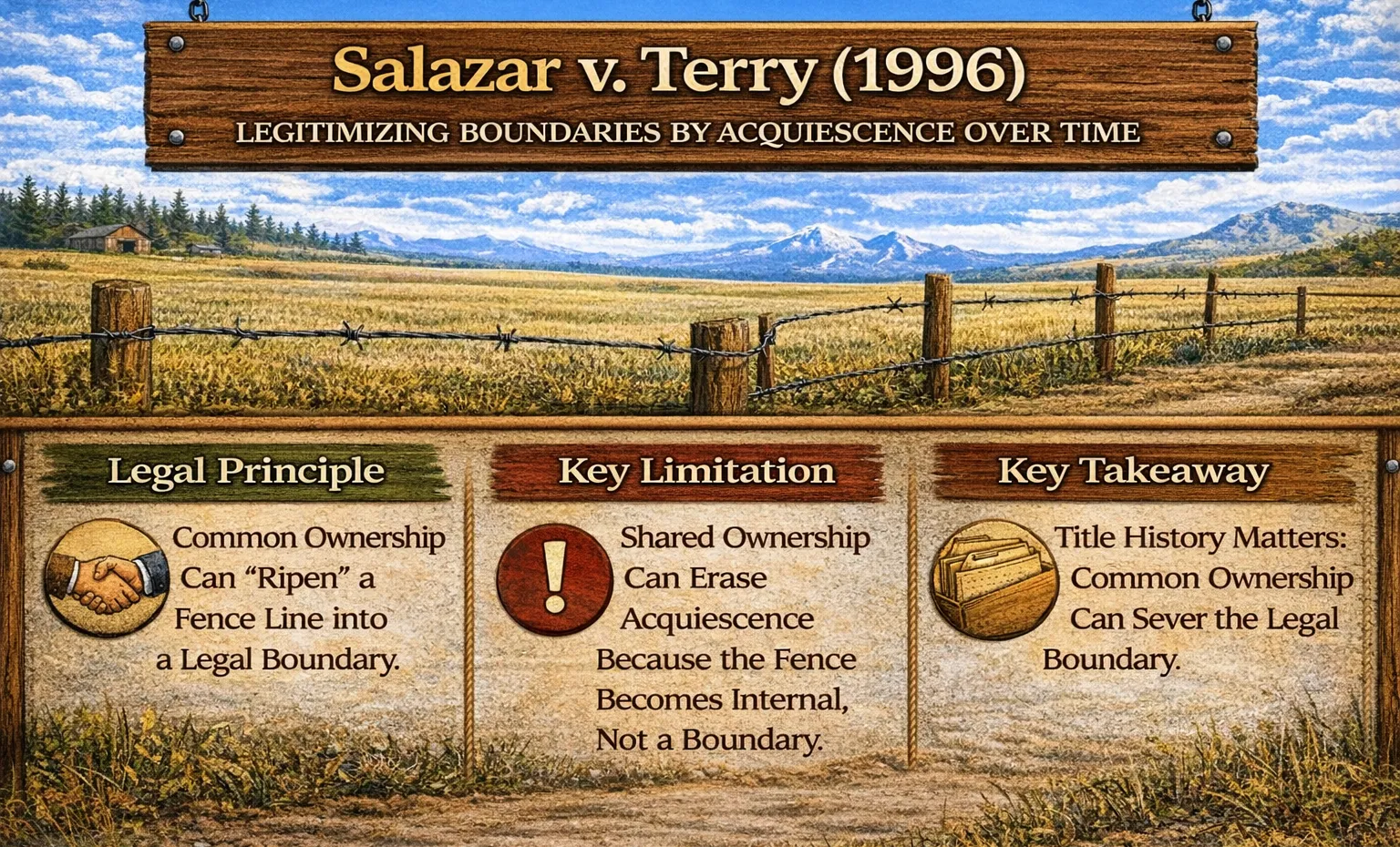 Breakdown of Salazar v. Terry showing how common ownership can erase a previously recognized fence boundary, with visual examples tied to real-world Colorado land scenarios.