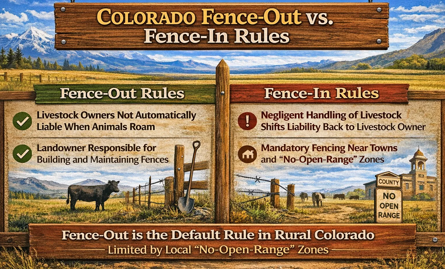 Visual comparison of Colorado fence-out and fence-in rules across rural landscapes, showing when landowners versus livestock owners are responsible—key context for buying or selling land in Colorado.