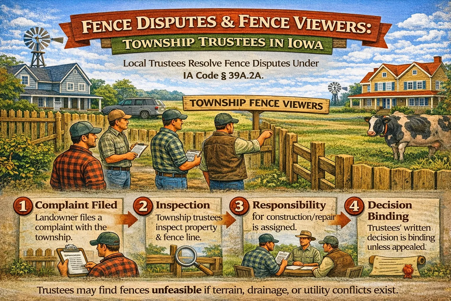 Iowa fence viewers resolving boundary dispute as township trustees inspect fence line and issue binding decision between neighbors.