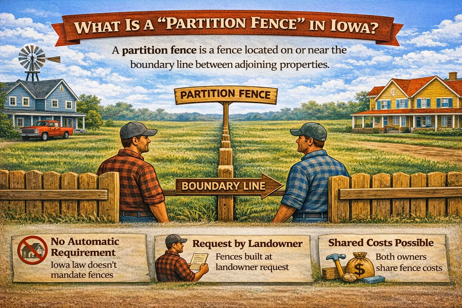 How partition fences work in Iowa with two landowners sharing a boundary fence and cost responsibility under Iowa fence law.