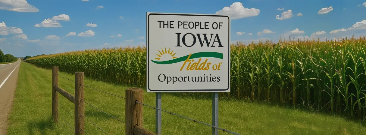 Iowa rural farmland with fence line, cornfield, and roadside sign marking land boundaries