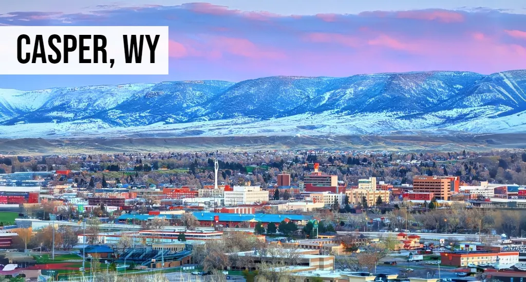 Casper, Wyoming skyline view with downtown buildings, nearby mountains, and surrounding neighborhoods