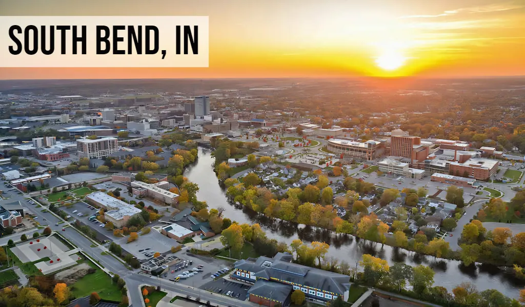 South Bend, Indiana aerial view at sunset with downtown buildings, river, and surrounding cityscape
