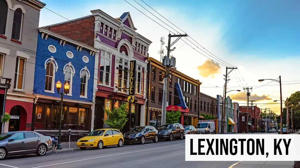 Cash Offer for Land Kentucky – Lexington, KY Lexington, Kentucky downtown street scene with colorful buildings, local businesses, cars, and evening light