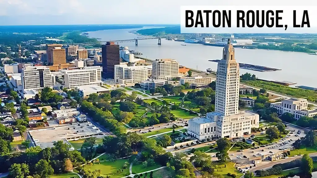 Baton Rouge, Louisiana aerial view of downtown with the Louisiana State Capitol, surrounding buildings, and riverfront