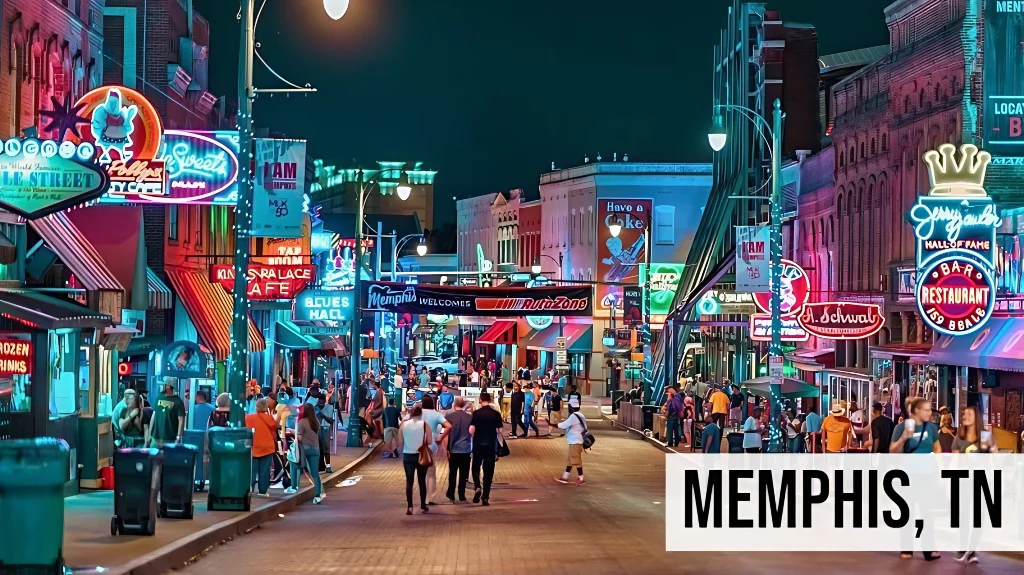 Cash Offer for Land Tennessee – Memphis, TN Memphis, Tennessee nighttime street scene along Beale Street with neon signs, live music venues, pedestrians, and historic entertainment district