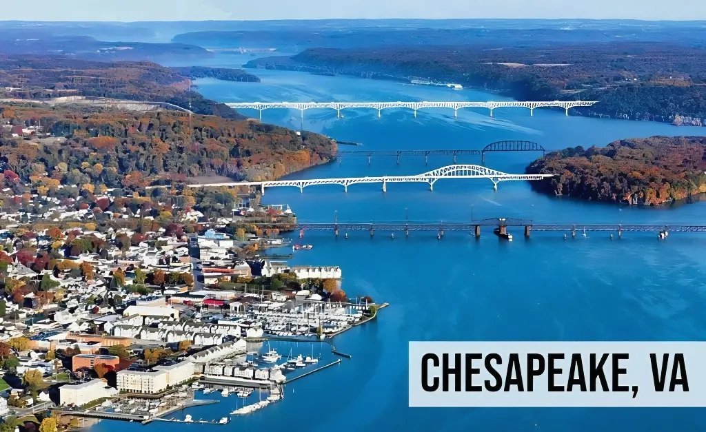 Chesapeake, Virginia elevated view of waterfront neighborhoods with rivers, bridges, marina areas, and surrounding residential communities