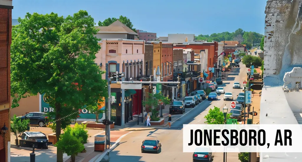 Land Buyers in Arkansas – Jonesboro, AR Jonesboro, Arkansas aerial view of downtown streets and surrounding development