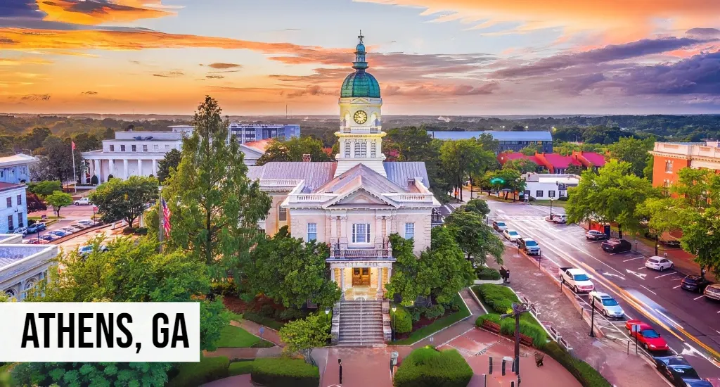 Athens, Georgia aerial view of downtown with historic buildings, university area, and surrounding streets
