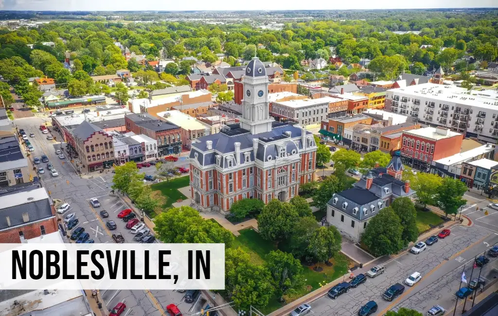 Noblesville, Indiana aerial view of downtown square with courthouse, streets, and surrounding development