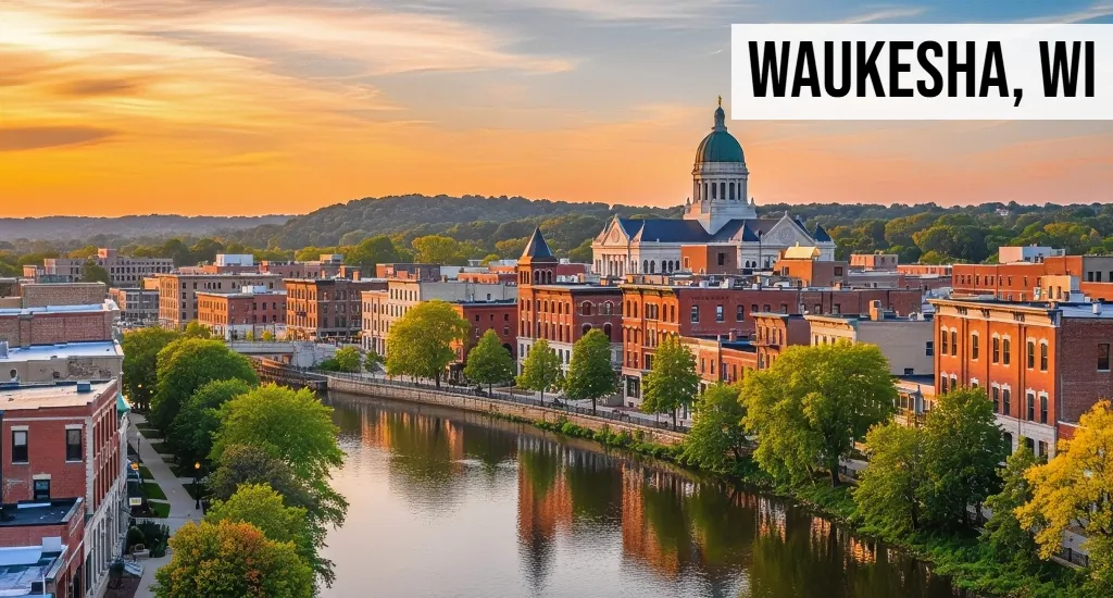 Waukesha, Wisconsin riverfront downtown view with historic buildings, waterway, streets, and surrounding city