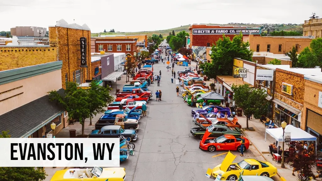 Evanston, Wyoming downtown street view with local shops, parked cars, and surrounding buildings