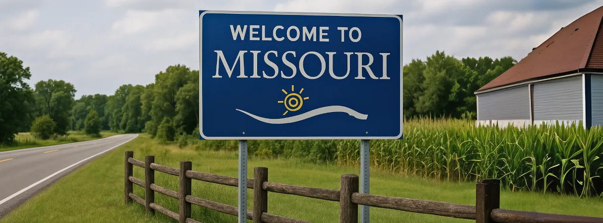 Welcome to Missouri roadside sign along rural highway representing Missouri fence laws and property regulations