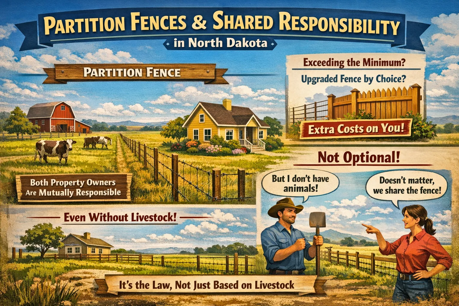 North Dakota farmland illustration showing a partition fence between properties and explaining shared responsibility for building and maintaining boundary fences.
