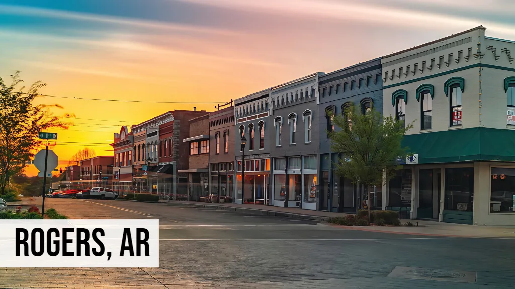 Quick Land Sale Arkansas – Rogers, AR Rogers, Arkansas downtown street view at sunset with historic buildings and storefronts