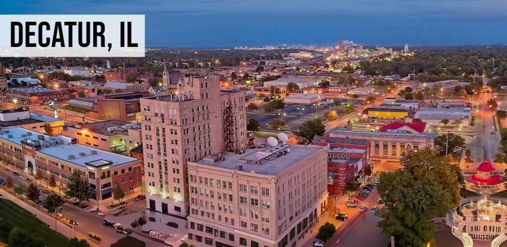 Decatur, Illinois downtown skyline with historic buildings and surrounding cityscape