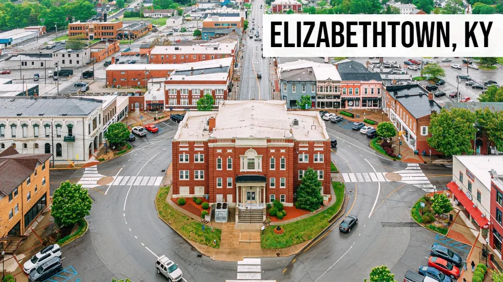 Quick Land Sale Kentucky – Elizabethtown, KY Elizabethtown, Kentucky downtown aerial view with courthouse square, surrounding streets, and local buildings