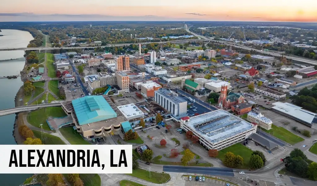 Alexandria, Louisiana aerial view of downtown with streets, commercial buildings, and surrounding neighborhoods