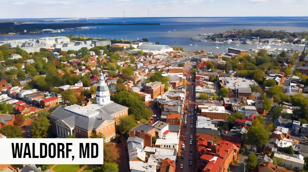 Waldorf, Maryland aerial view of suburban community with residential neighborhoods, roads, and surrounding area