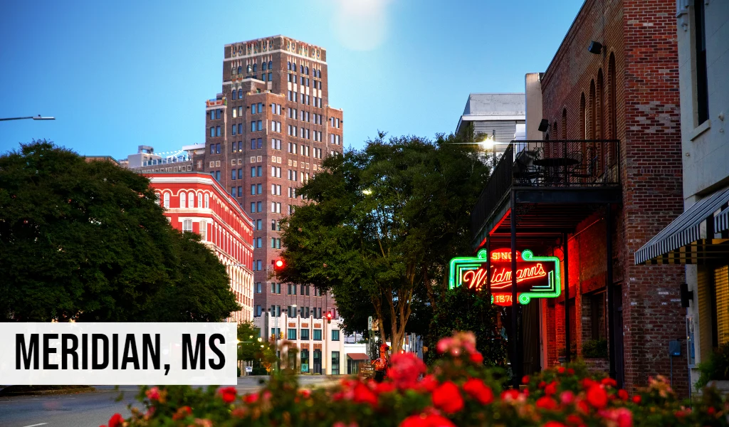 Meridian, Mississippi street-level downtown view with historic buildings, storefronts, trees, and surrounding city area