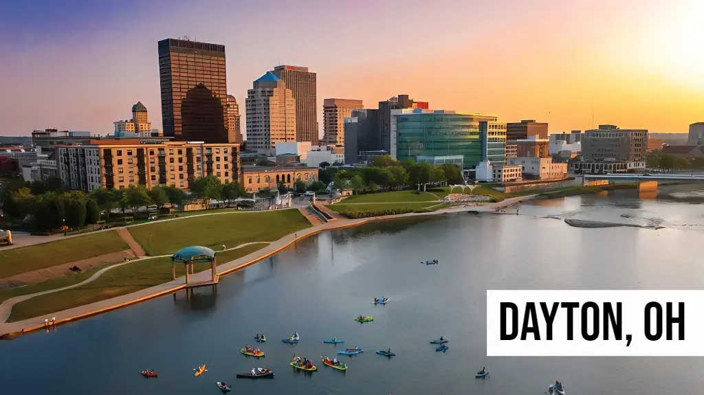 Quick Land Sale Ohio – Dayton, OH Dayton, Ohio aerial view of the downtown area featuring river corridors, city blocks, bridges, and nearby urban development