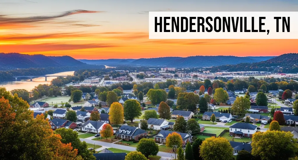 Quick Land Sale Tennessee – Hendersonville, TN Hendersonville, Tennessee scenic overlook showing residential neighborhoods, tree coverage, nearby water features, and distant hills at sunset