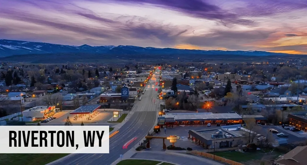 Riverton, Wyoming aerial view of downtown streets with residential areas and surrounding terrain