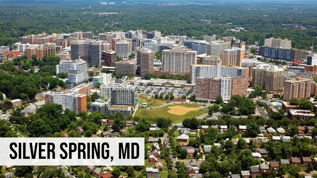 Silver Spring, Maryland city skyline view with residential buildings, green space, and surrounding urban neighborhood