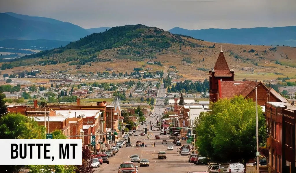 Butte, Montana aerial view of historic downtown with surrounding hills and residential areas