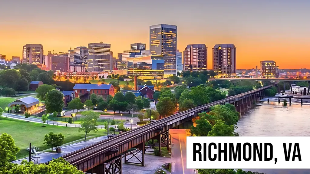 Richmond, Virginia city skyline at sunset with riverfront, bridges, historic neighborhoods, and modern downtown buildings