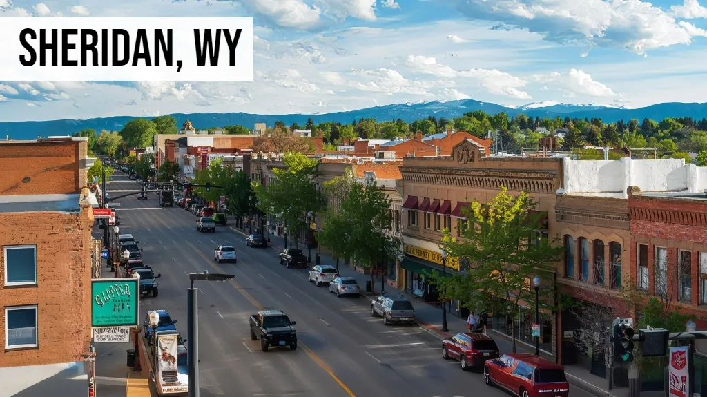 Sheridan, Wyoming downtown street view with historic buildings and tree-lined roads