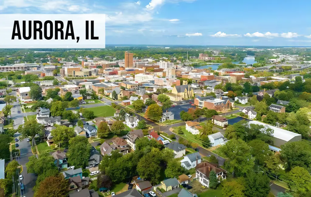 Aurora, Illinois aerial view of residential neighborhoods with tree-lined streets and surrounding development