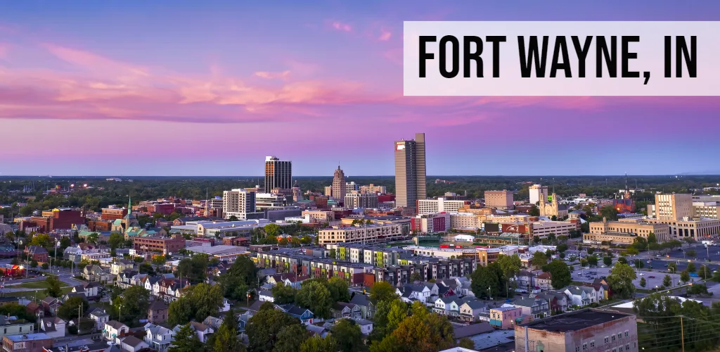 Fort Wayne, Indiana aerial view of downtown skyline with city buildings and surrounding neighborhoods