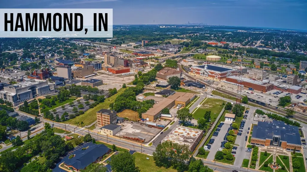 Hammond, Indiana aerial view of downtown streets with surrounding neighborhoods and commercial areas