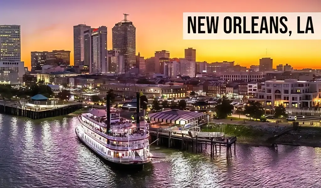 New Orleans, Louisiana skyline along the Mississippi River with downtown buildings, waterfront, and riverboats