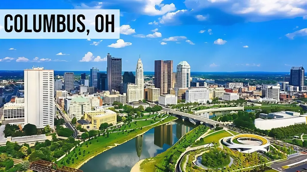 Sell My Land Ohio – Columbus, OH Columbus, Ohio aerial view of downtown skyline with river, parks, bridges, streets, and surrounding urban area