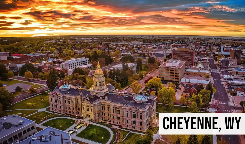 Cheyenne, Wyoming aerial view of downtown with the state capitol building and surrounding city streets