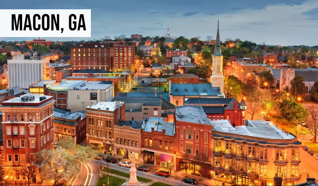 Macon, Georgia skyline view with historic downtown buildings, church steeples, and surrounding city area