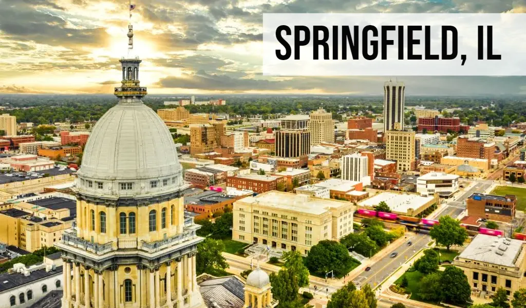 Springfield, Illinois skyline featuring the state capitol building and surrounding downtown streets