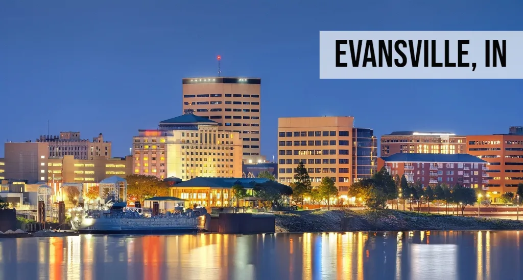 Evansville, Indiana skyline view along the river with downtown buildings and waterfront development