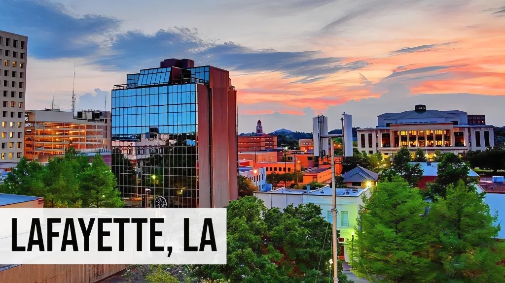 Lafayette, Louisiana downtown cityscape with modern office buildings, streets, and surrounding urban area