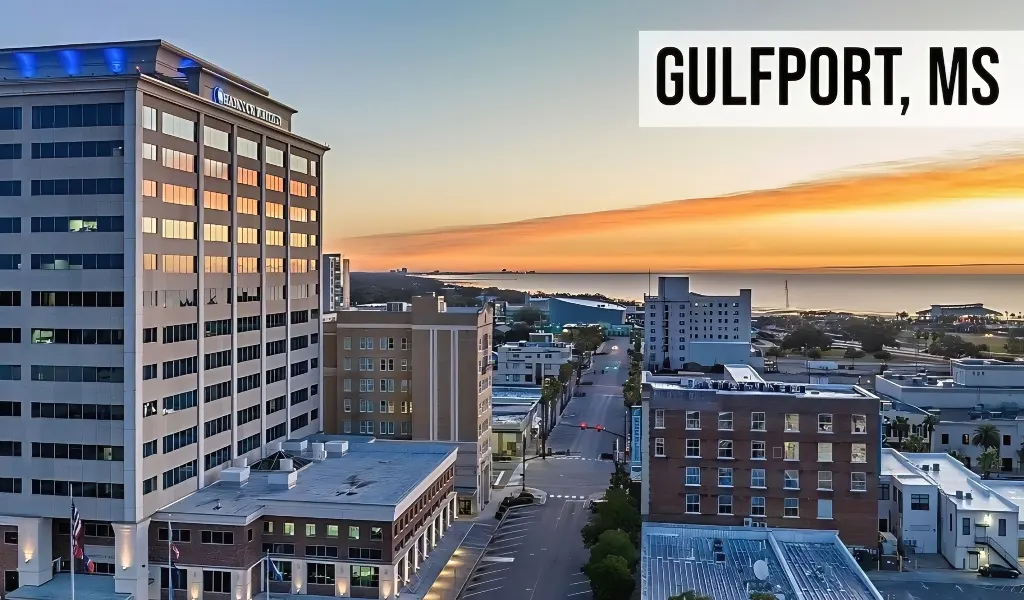 Gulfport, Mississippi coastal city view with downtown buildings, streets, and nearby shoreline