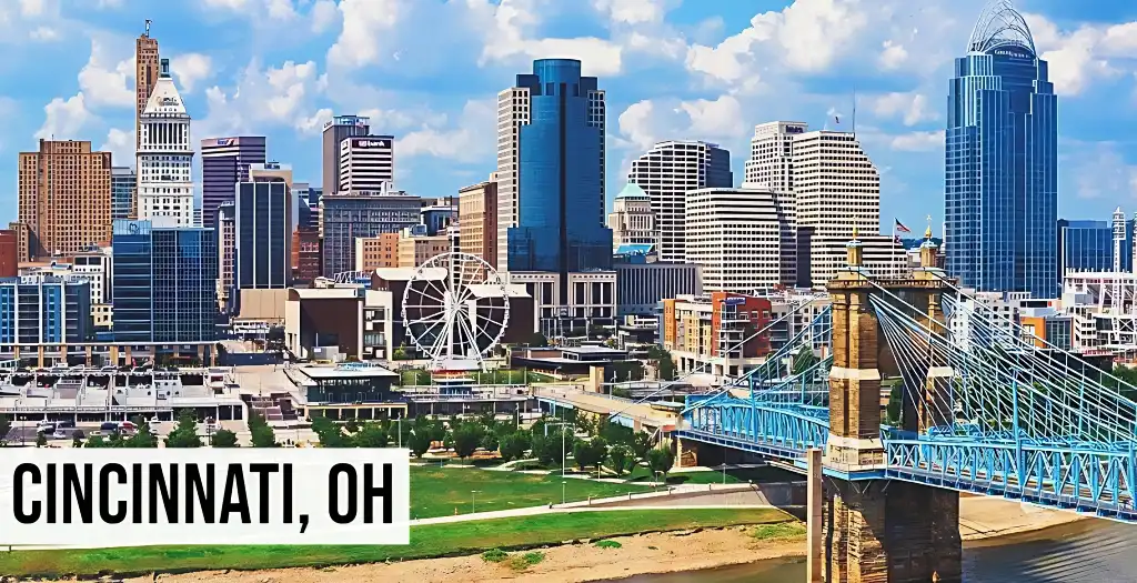 We Buy Land Ohio – Cincinnati, OH Cincinnati, Ohio aerial view of downtown skyline with riverfront, bridges, office buildings, and surrounding neighborhoods