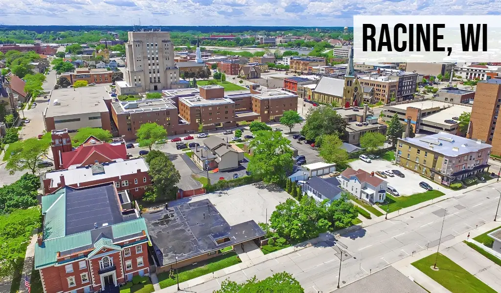 Racine, Wisconsin aerial view of downtown with commercial buildings, streets, and surrounding neighborhoods