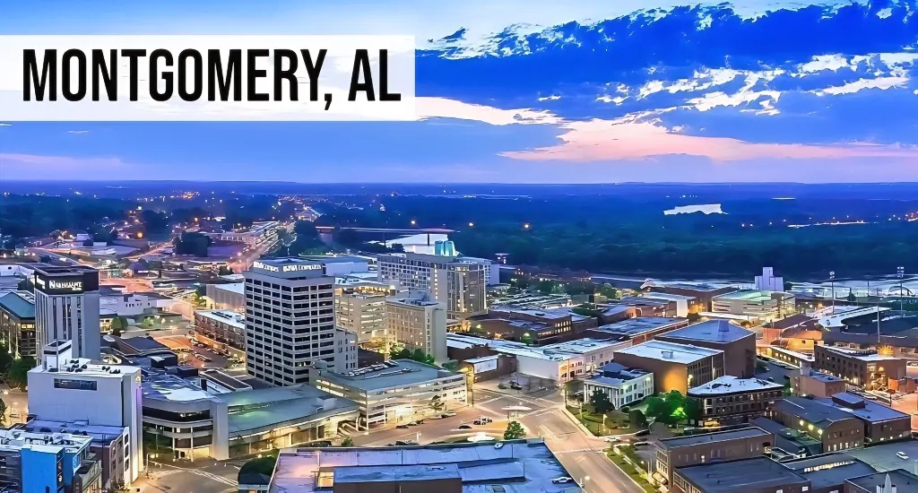 Cash Offer for Land Alabama – Montgomery, AL Night time over Montgomery Alabama where we buy inherited land and city lots in neighborhoods like Cloverdale and Garden District.