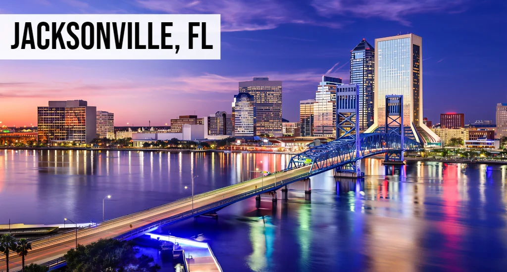 Jacksonville, Florida skyline with riverfront, bridges, and surrounding cityscape