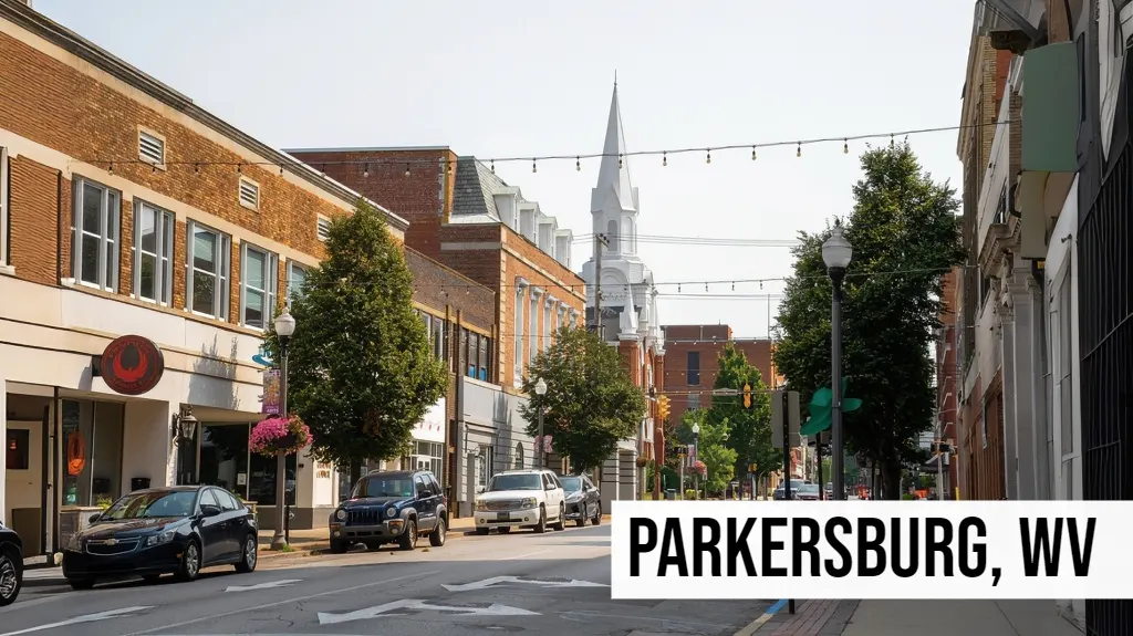 Parkersburg, West Virginia downtown street view with local shops, historic buildings, and tree-lined streets