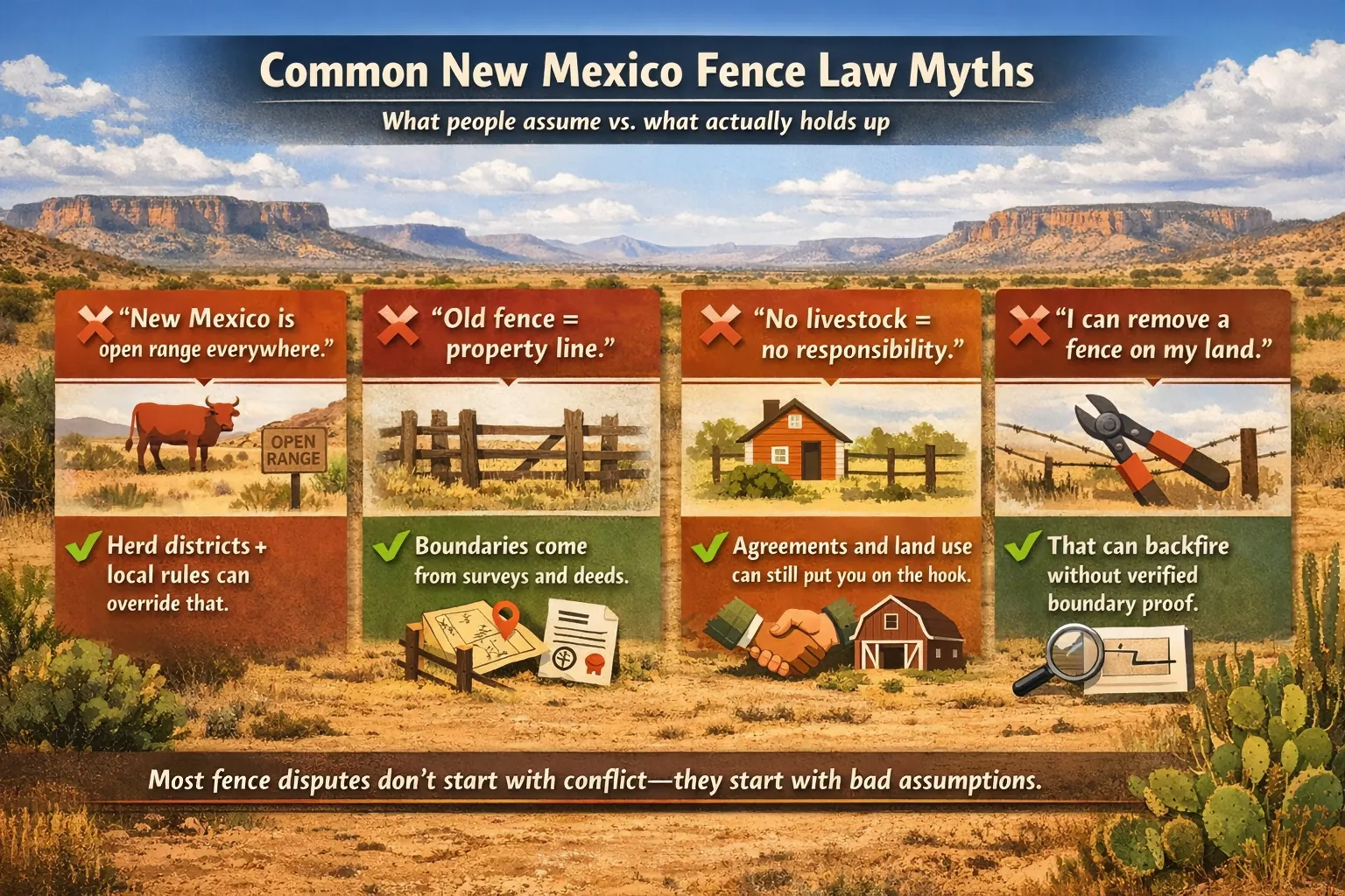 New Mexico desert landscape infographic breaking down common fence law myths versus reality, including boundary disputes, herd districts, and landowner responsibilities.