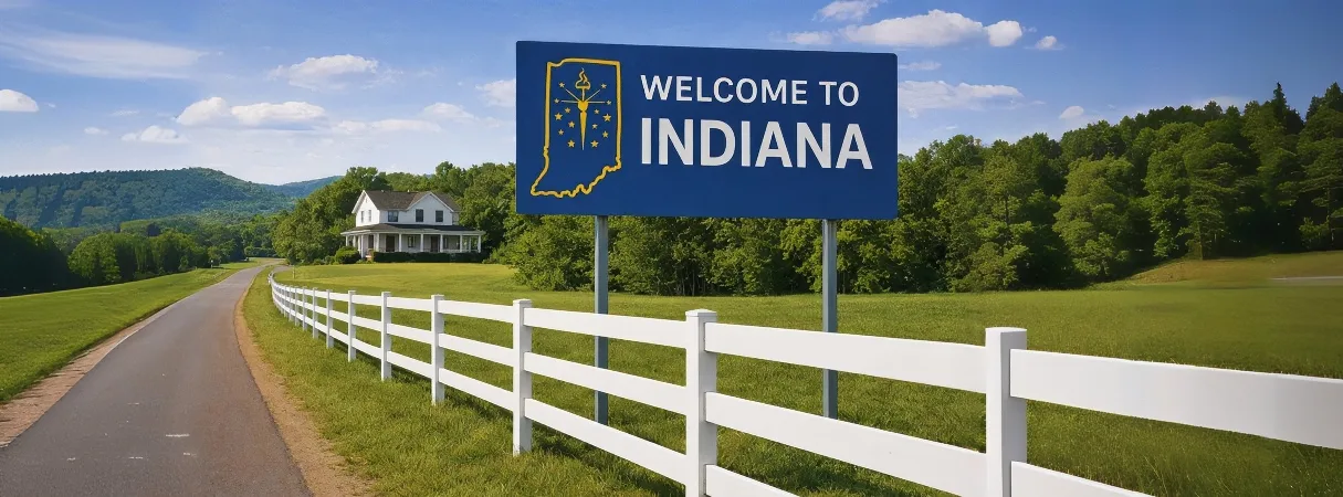 Welcome to Indiana sign along a rural road with white fence, representing Indiana fence laws and regulations